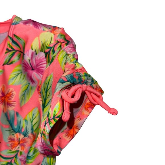 Bright Tropical Floral Zip-Up Rash Guard Swimsuit One-Piece Girls M - Picture 5 of 5